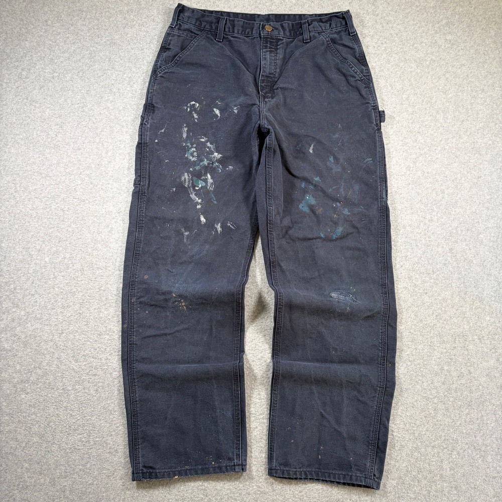 Carhartt Carpenter Pants Men 34x32 (Fit 32x31) Navy Distressed Canvas B11 MDT